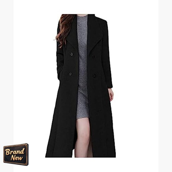 Wool Blend Trench Coat Shawl Collar Double Breasted Maxi Long Pea Coat - Picture 2 of 5